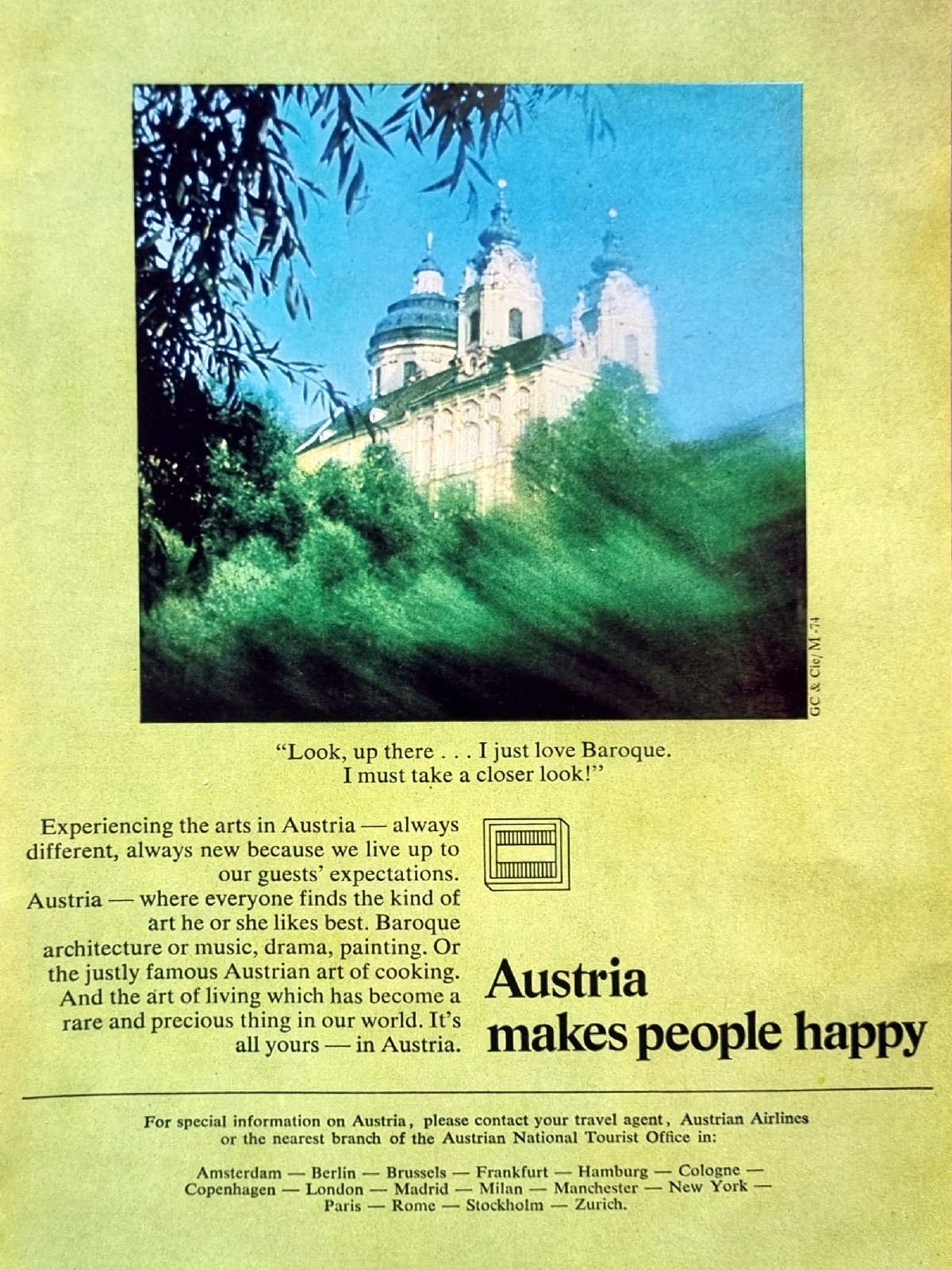 Vintage Austria tourism advertisement promoting Baroque architecture and cultural travel in Austria