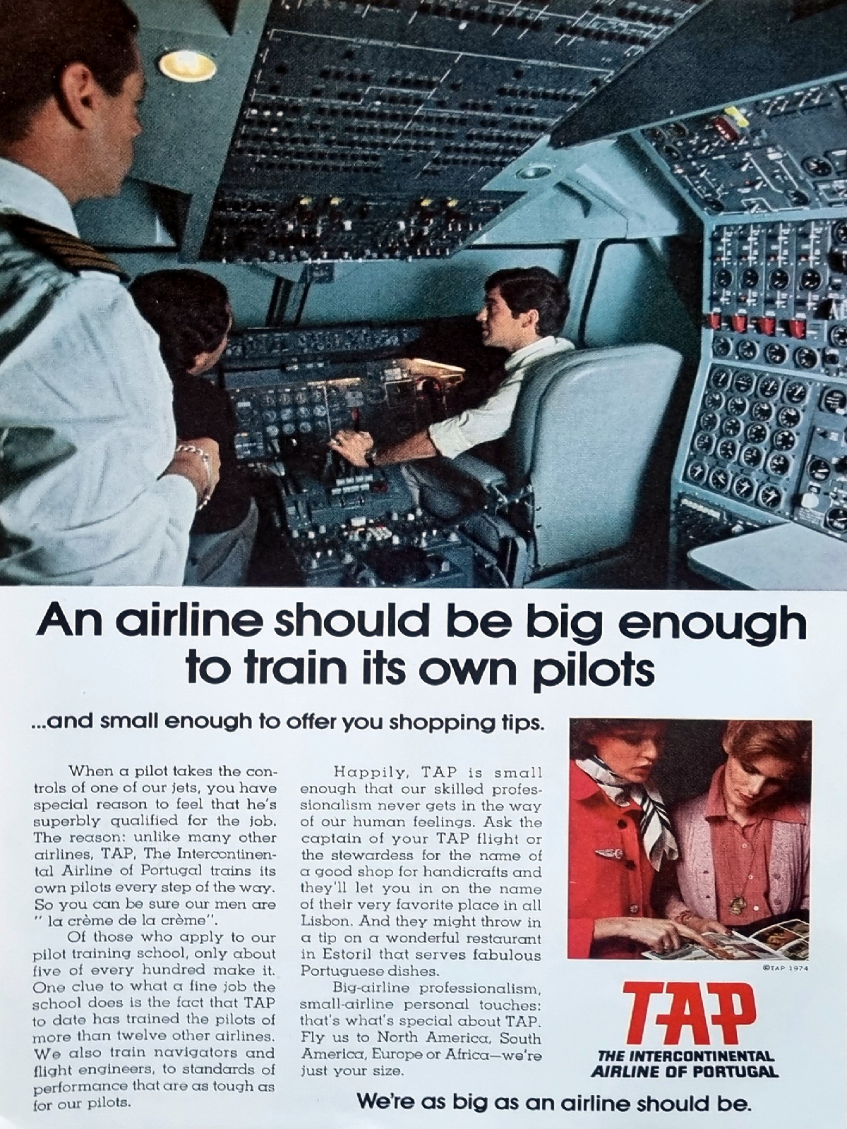 Vintage TAP Air Portugal airline advertisement showing pilots in cockpit with slogan TAP trains its own pilots, 1974 magazine ad