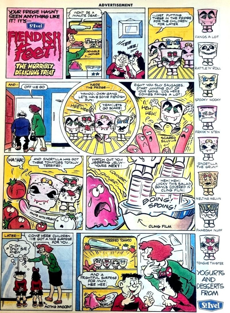 1990s St Ivel Fiendish Feet yoghurt comic-strip advertisement showing monster-faced yoghurt pots playing tricks inside a family fridge, with a column of named characters.